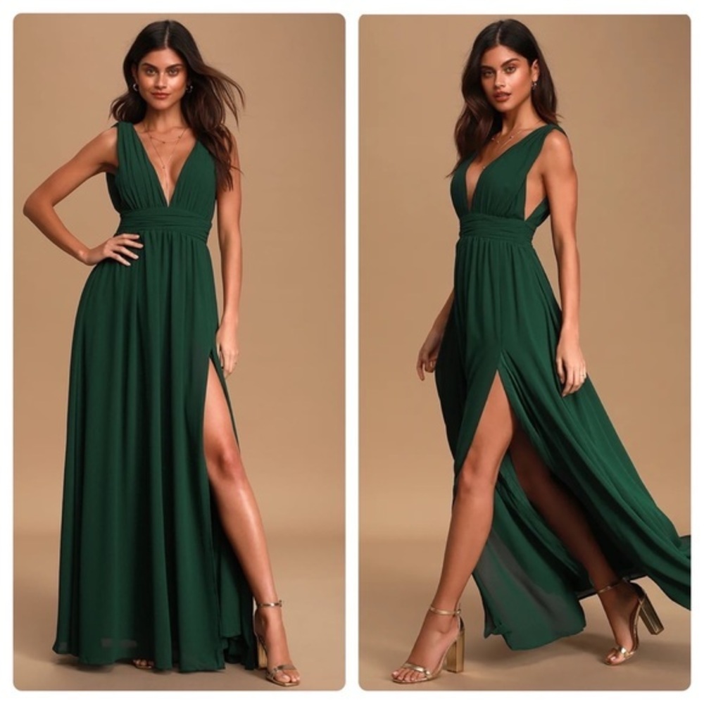 Lulu's Emerald Green Deep V Maxi Dress with High Slit